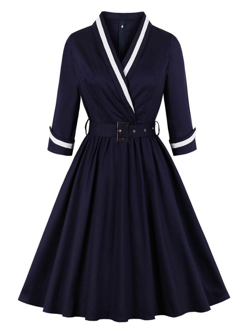 Vestidos Vintage Femininos Anos 1950. Estilo Audrey Hepburn Azul Marinho Escuro Dois Tons Cinto Manga Comprida Decote Em V Vestido Midi - Azul Marinho